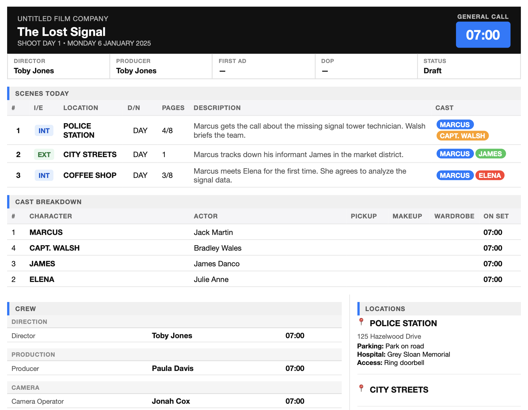 Call Sheet Export